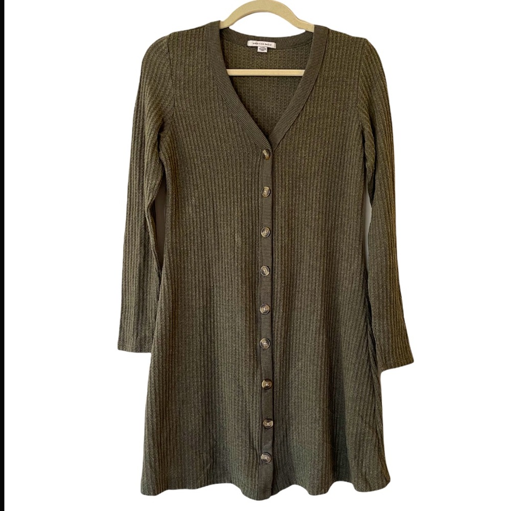 American Eagle Long Sleeve Waffle Knit Dress - Olive Green - Small